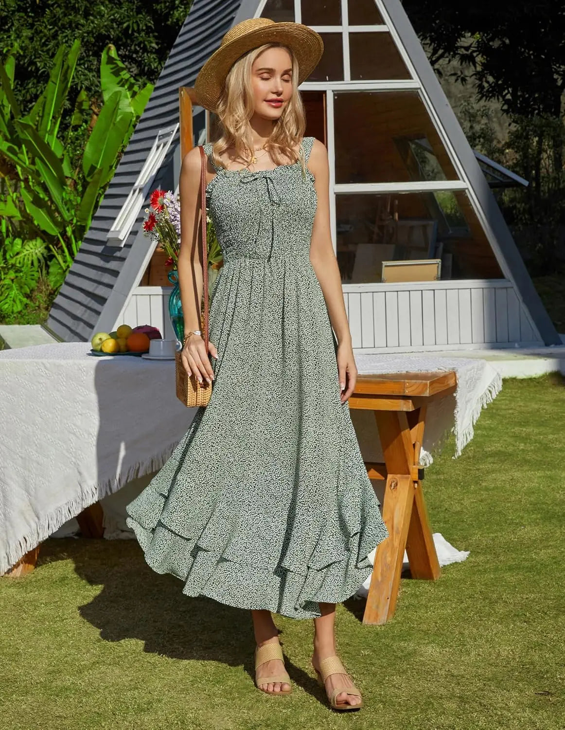 Sway™ | Women's Floral Smocked Maxi Dress – Square Neck Adjustable Strap Tiered Ruffle Beach Sundress oaklynwear
