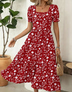 Puff™ | Women's Tiered Midi Dress with Pockets – Square Neck Puff Sleeve Flowy Beach Sundress oaklynwear