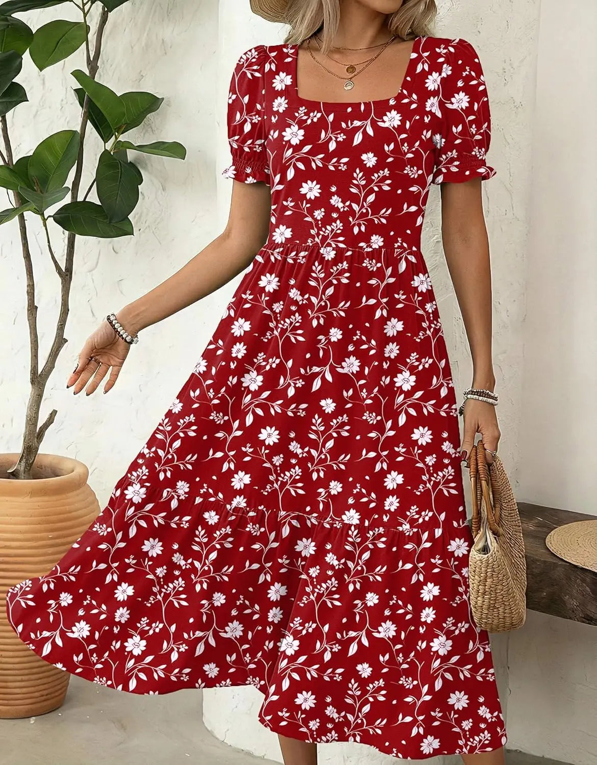 Puff™ | Women's Tiered Midi Dress with Pockets – Square Neck Puff Sleeve Flowy Beach Sundress oaklynwear