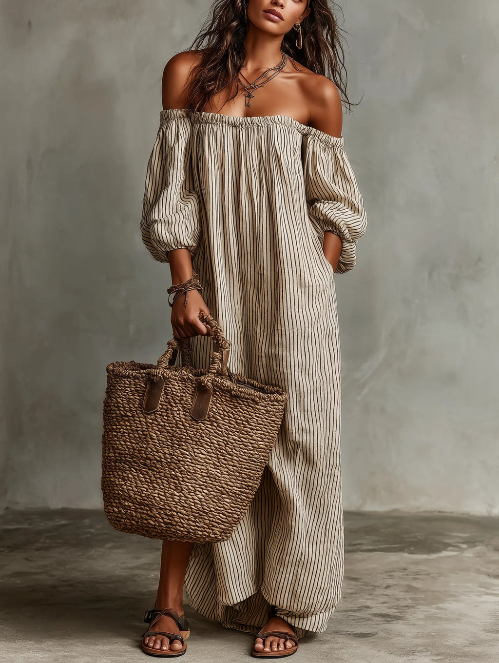 Catalina | Women's Vacation Cotton-Linen Blend Off-Shoulder Long-Sleeved Maxi Dress oaklynwear