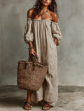 Catalina | Women's Vacation Cotton-Linen Blend Off-Shoulder Long-Sleeved Maxi Dress oaklynwear