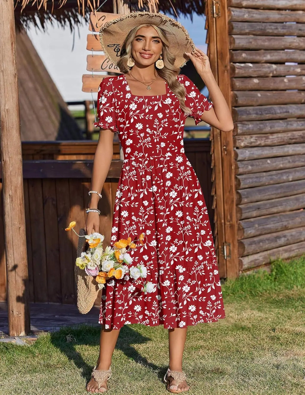 Puff™ | Women's Tiered Midi Dress with Pockets – Square Neck Puff Sleeve Flowy Beach Sundress oaklynwear