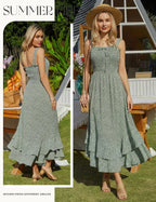 Sway™ | Women's Floral Smocked Maxi Dress – Square Neck Adjustable Strap Tiered Ruffle Beach Sundress oaklynwear