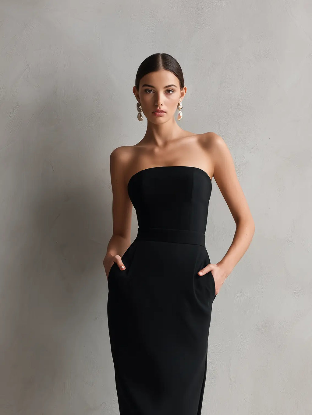 Victoria | Women's Elegant Black Stretch Strapless Bodycon Midi Dress oaklynwear