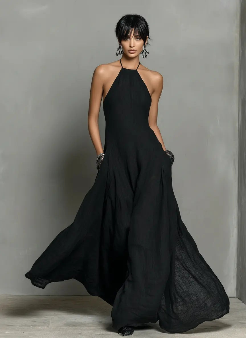 Paloma | Women's Minimalist Linen Blend Halter Neck Sleeveless Maxi Dress oaklynwear