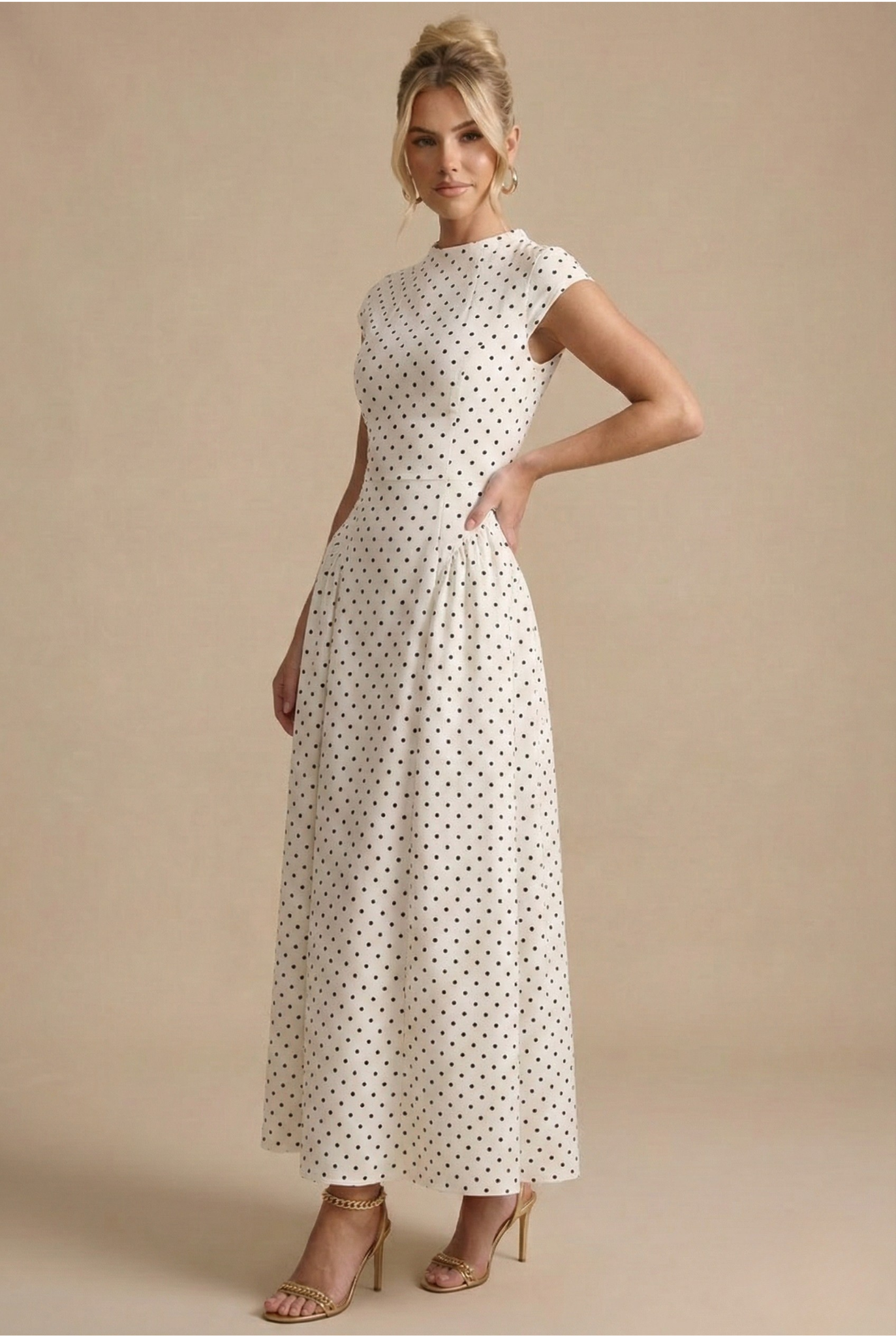 Women’s Polka Dot Maxi Dress with Round Neck and A Line Silhouette oaklynwear