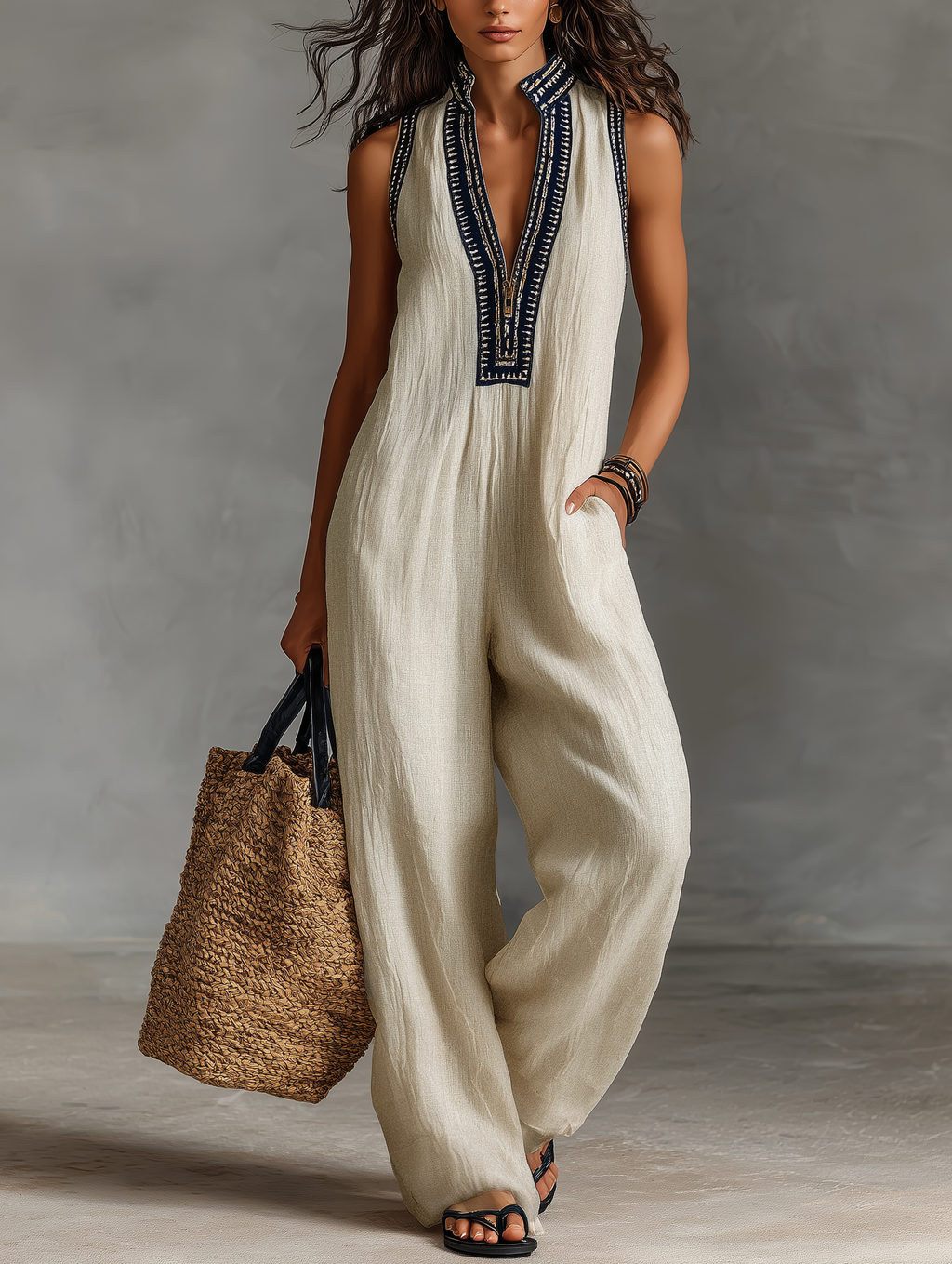 Women's Minimalist Linen Blend Sleeveless Jumpsuit With Zipper And Stand Collar, Featuring Embroidery MDZ0627B3Y oaklynwear