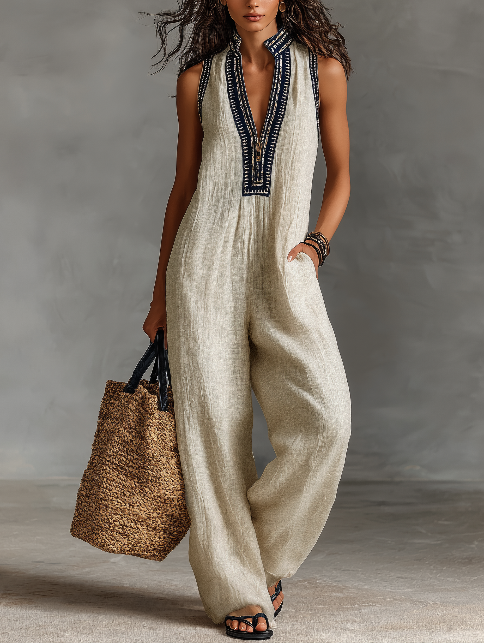 Women's Minimalist Linen Blend Sleeveless Jumpsuit With Zipper And Stand Collar, Featuring Embroidery MDZ0627B3Y oaklynwear