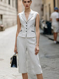 White Pinstripe Vest And Cropped Wide Leg Pants 2-Piece Suit oaklynwear