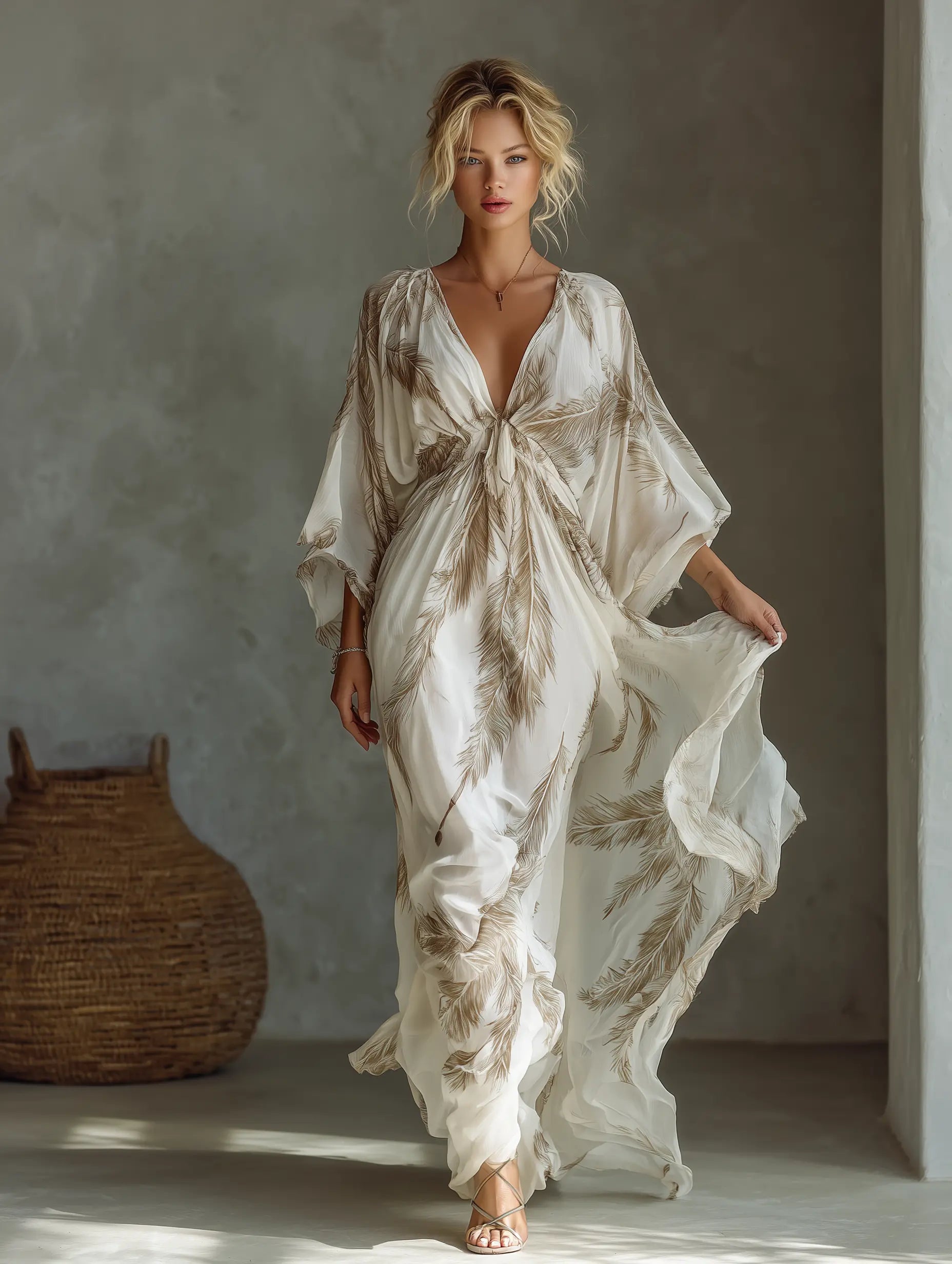 Serena | Women's Ivory And Taupe Chiffon Fabric Dolman Sleeve Maxi Dress oaklynwear