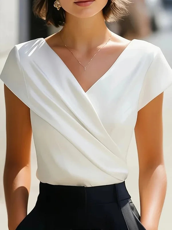 Elegant Satin Wrap V-Neck Short-Sleeve Shirt oaklynwear