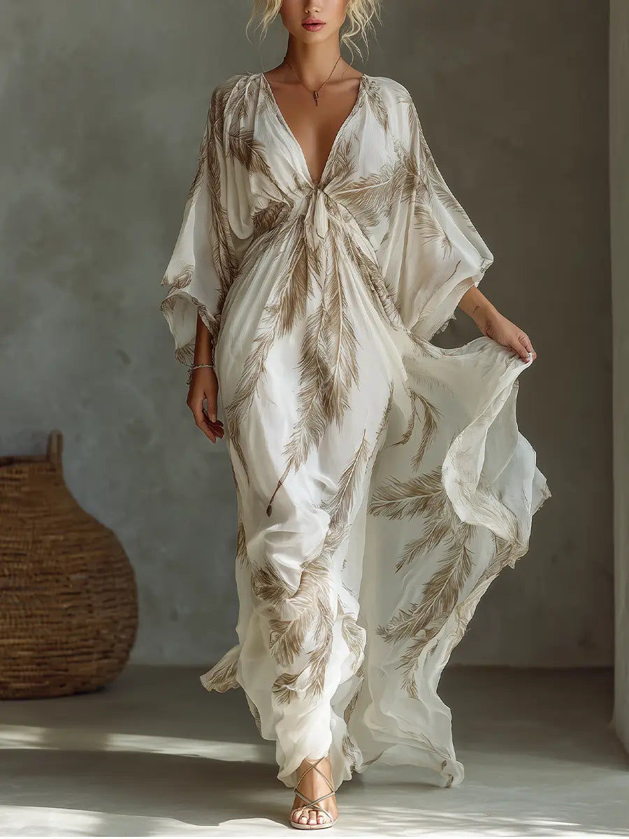 Serena | Women's Ivory And Taupe Chiffon Fabric Dolman Sleeve Maxi Dress oaklynwear