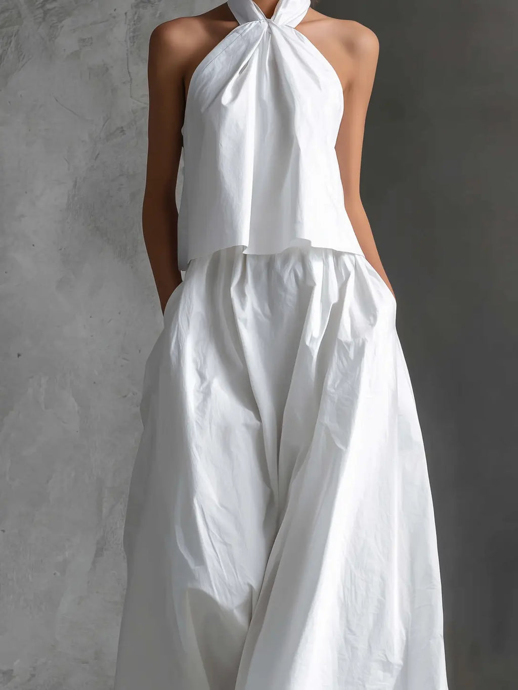 Daisy | Women's Casual White Cotton and Linen Halter-Neck Sleeveless Top and Skirt Set oaklynwear