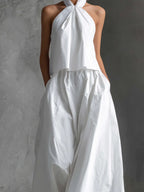 Daisy | Women's Casual White Cotton and Linen Halter-Neck Sleeveless Top and Skirt Set oaklynwear