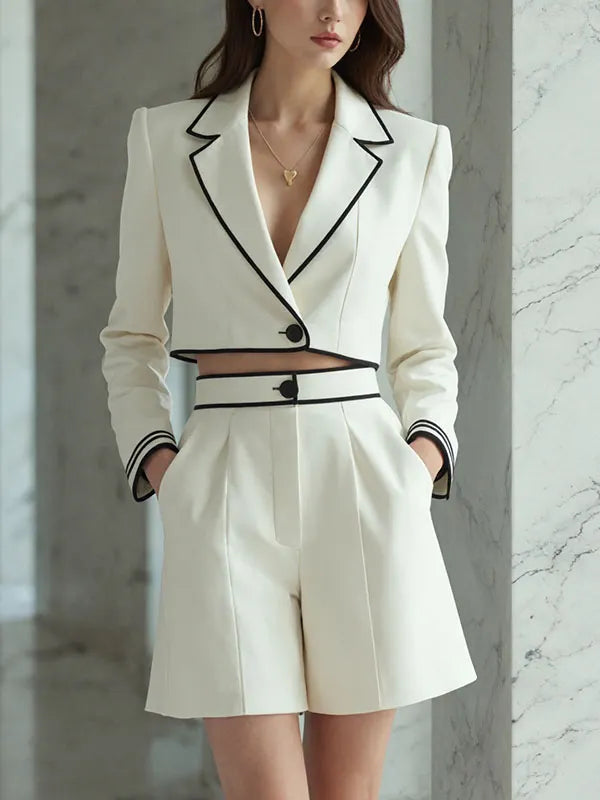Cream Colored Short Blazer With Black Piping And High Waisted Pleated Shorts 2-Piece Suit oaklynwear