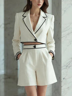 Cream Colored Short Blazer With Black Piping And High Waisted Pleated Shorts 2-Piece Suit oaklynwear