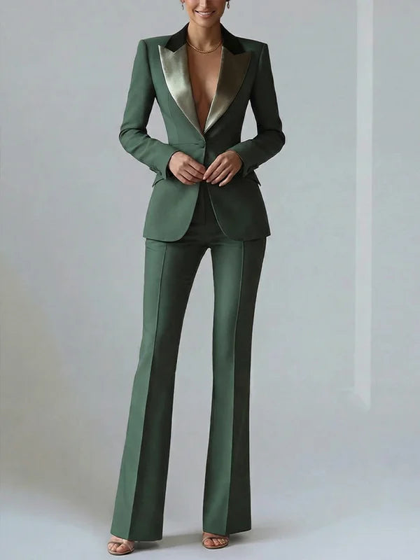 Solid Color Blocked Satin Lapel Blazer Trousers 2-Piece Suit oaklynwear