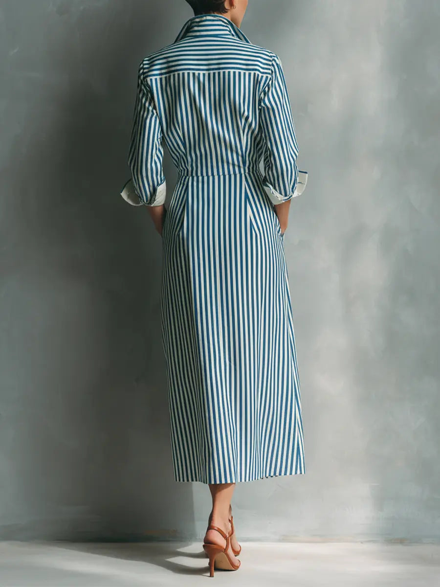 Rosie | Women's Blue And White Cotton Blend Striped Shirt Dress With Red Chest Pocket oaklynwear