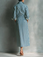 Rosie | Women's Blue And White Cotton Blend Striped Shirt Dress With Red Chest Pocket oaklynwear