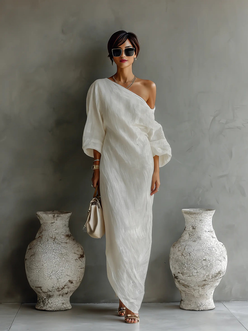 Elara™ | One-Shoulder Linen Maxi Dress with Pockets – Loose Fit Casual Summer Dress oaklynwear
