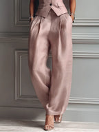 Lily | Women's Blush Pink Linen Fabric Sleeveless Vest & Wide-Leg Pants Two-Piece Set With Lapel Collar oaklynwear