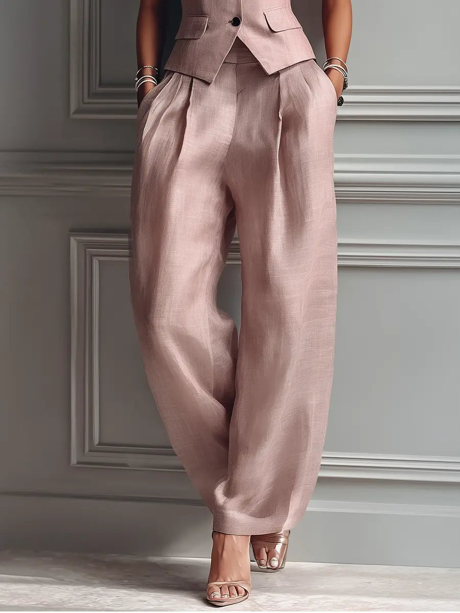 Lily | Women's Blush Pink Linen Fabric Sleeveless Vest & Wide-Leg Pants Two-Piece Set With Lapel Collar oaklynwear