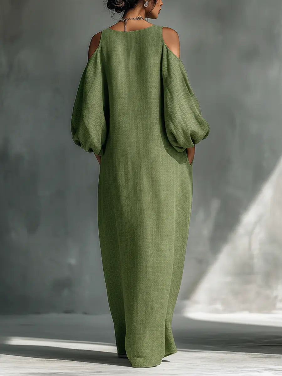 Flora | Women's Light Green Cold-Shoulder Maxi Dress With Oversized Puff Sleeves & Side Pockets oaklynwear