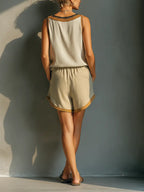 Sunny | Women's Beige Linen-Blend Contrast Trim V-Neck Tank Top & Khaki Shorts Two-Piece Set oaklynwear