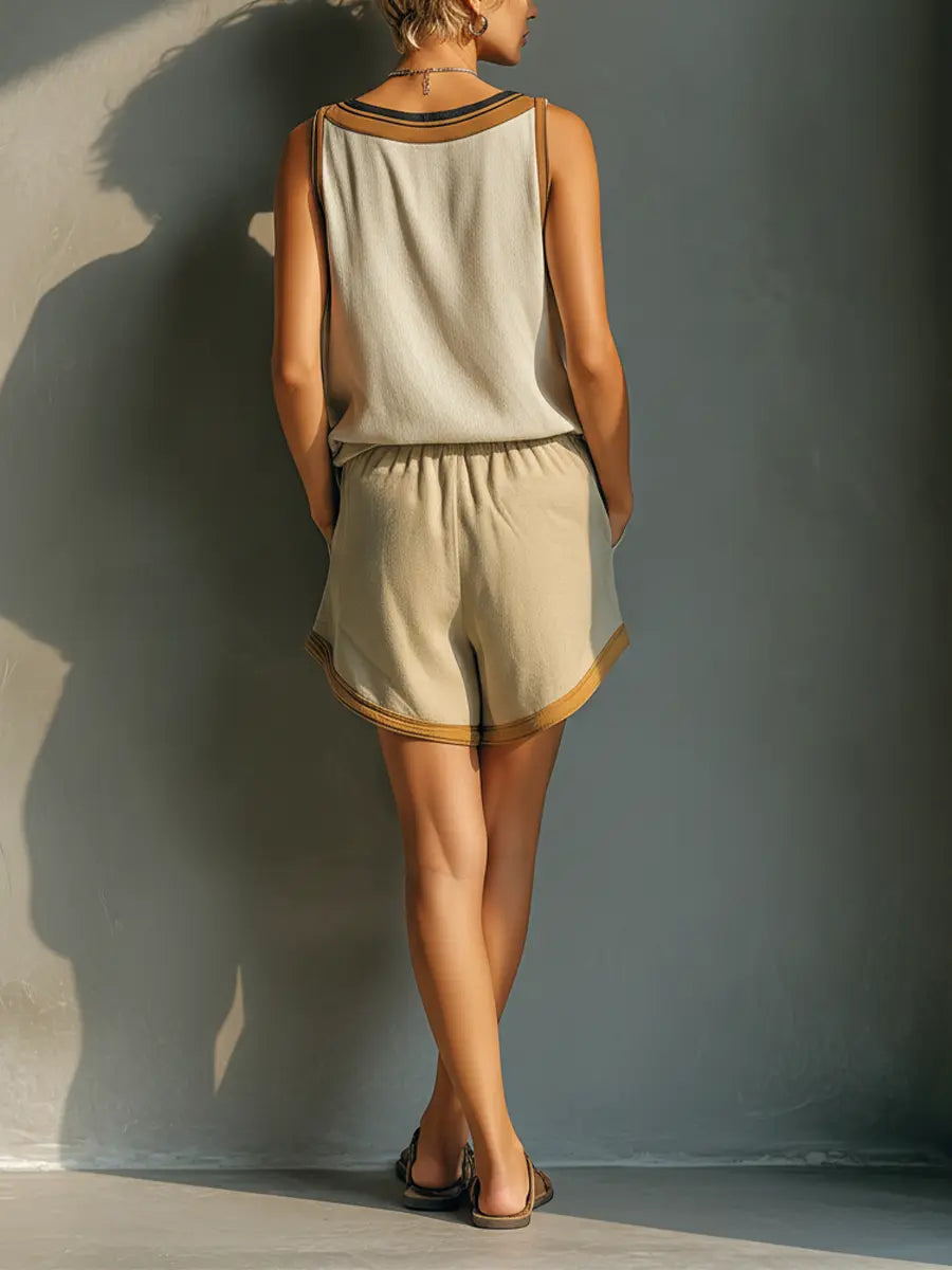 Sunny | Women's Beige Linen-Blend Contrast Trim V-Neck Tank Top & Khaki Shorts Two-Piece Set oaklynwear