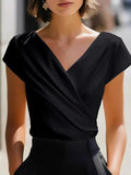 Elegant Satin Wrap V-Neck Short-Sleeve Shirt oaklynwear