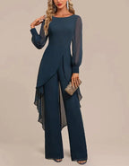 Graceful Navy Chiffon Jumpsuit with Sheer Sleeves and Draped Overlay oaklynwear