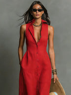 Claudette | Women's Minimalist Linen-Blend Collared Single-Breasted Sleeveless Maxi Shirt Dress oaklynwear