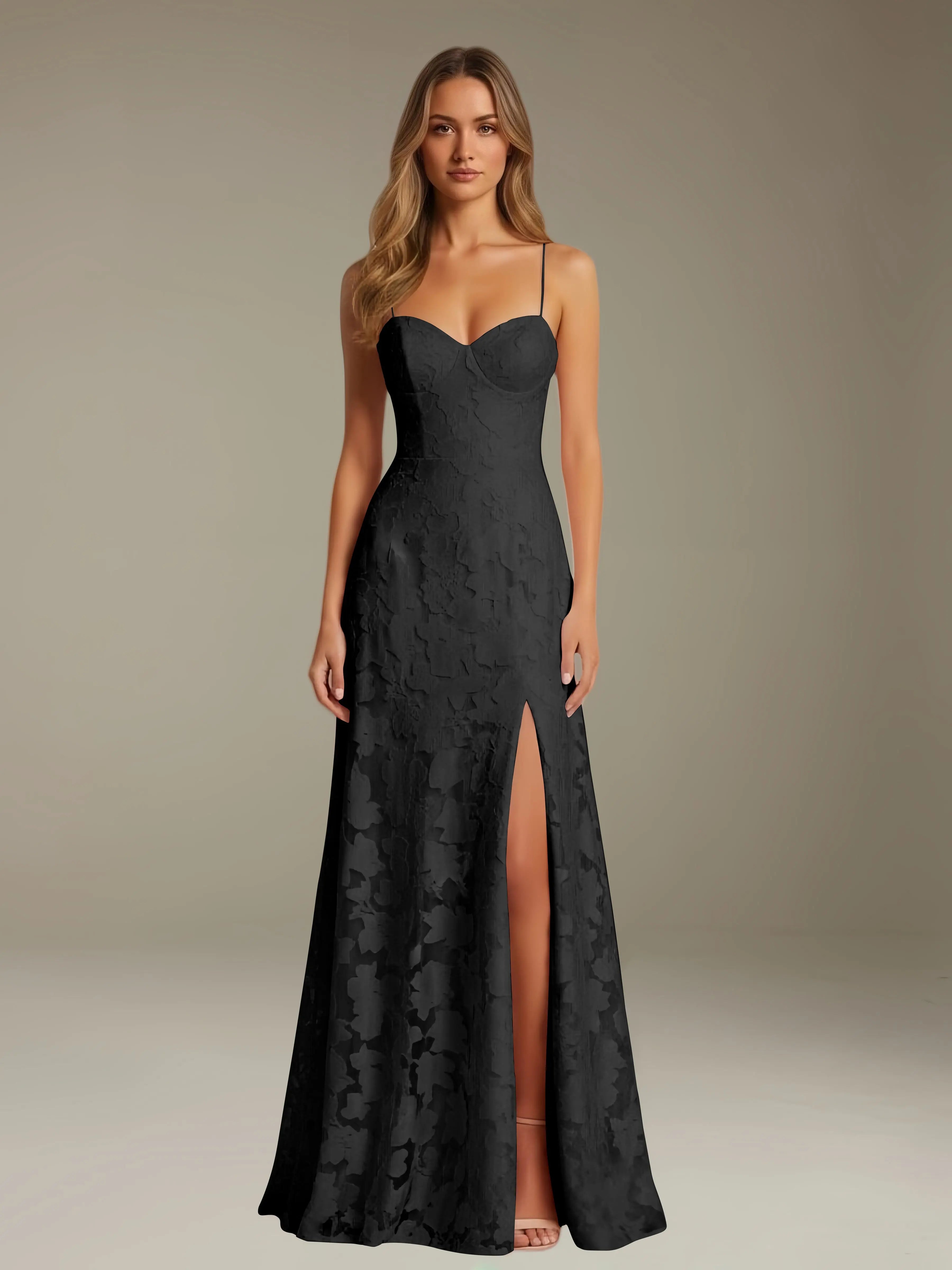 Floral Lace Formal Dress – Sweetheart Spaghetti Strap A-Line Floor Length Dress with Slit oaklynwear