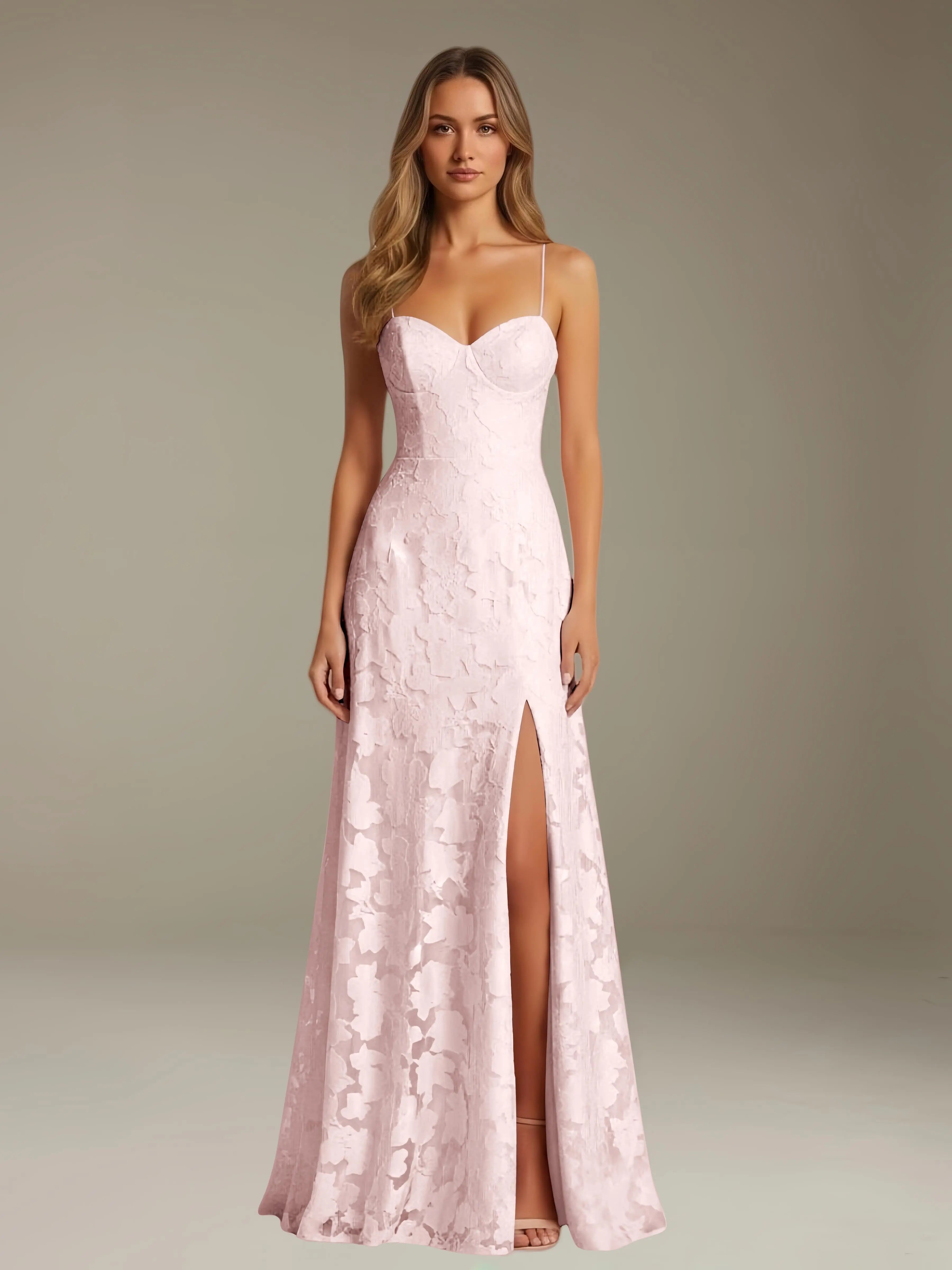Floral Lace Formal Dress – Sweetheart Spaghetti Strap A-Line Floor Length Dress with Slit oaklynwear