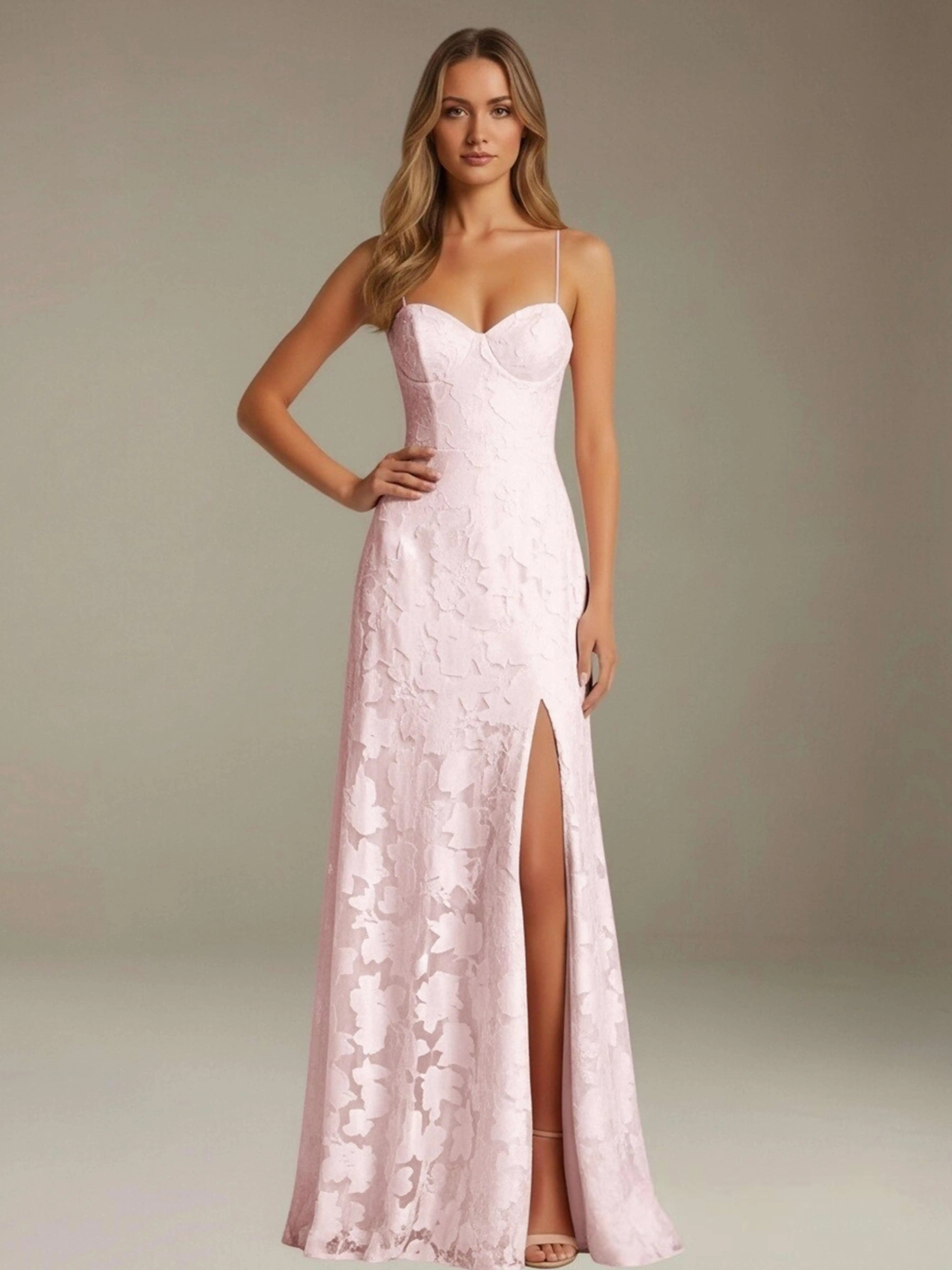 Floral Lace Formal Dress – Sweetheart Spaghetti Strap A-Line Floor Length Dress with Slit oaklynwear