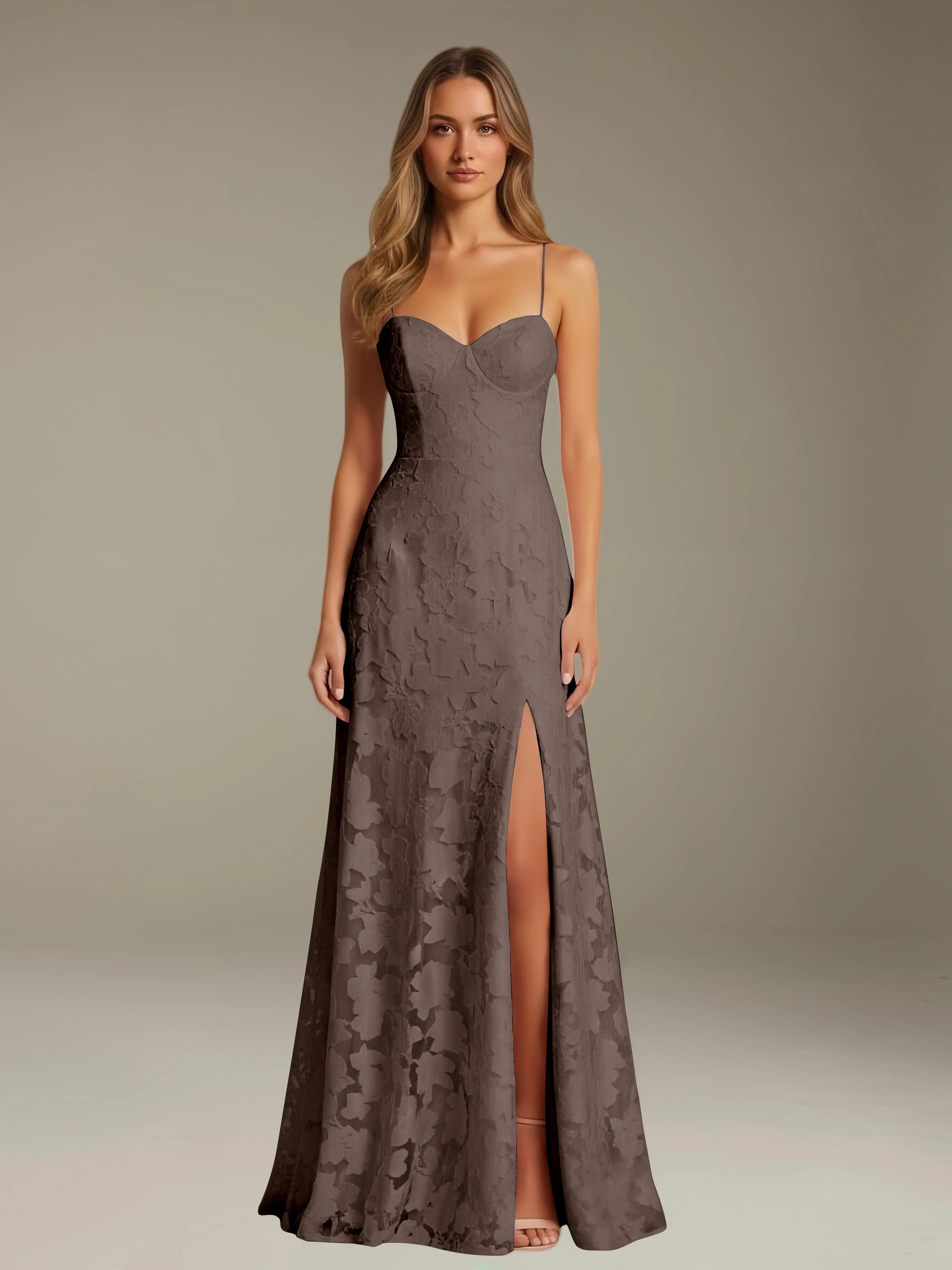 Floral Lace Formal Dress – Sweetheart Spaghetti Strap A-Line Floor Length Dress with Slit oaklynwear
