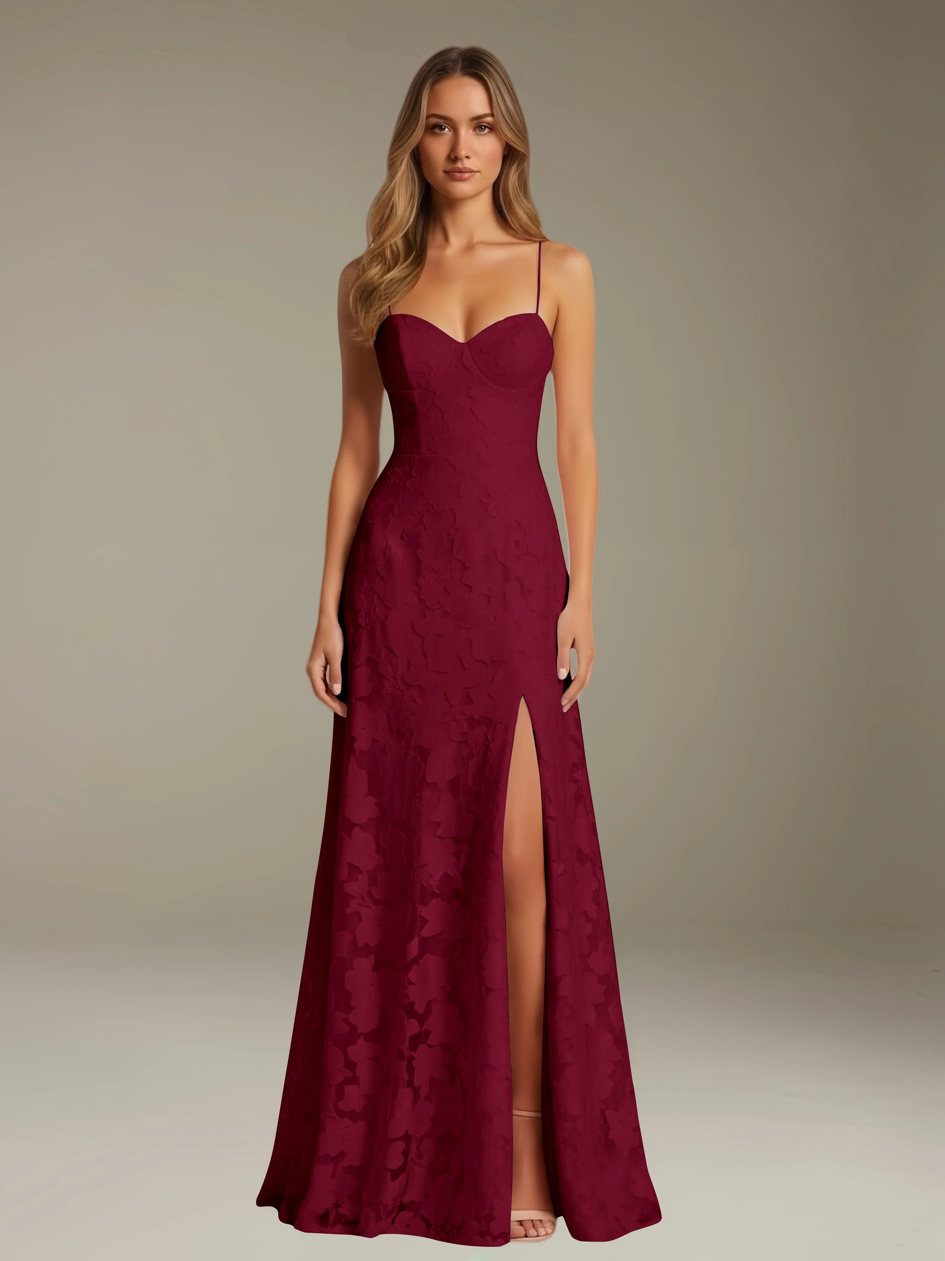Floral Lace Formal Dress – Sweetheart Spaghetti Strap A-Line Floor Length Dress with Slit oaklynwear
