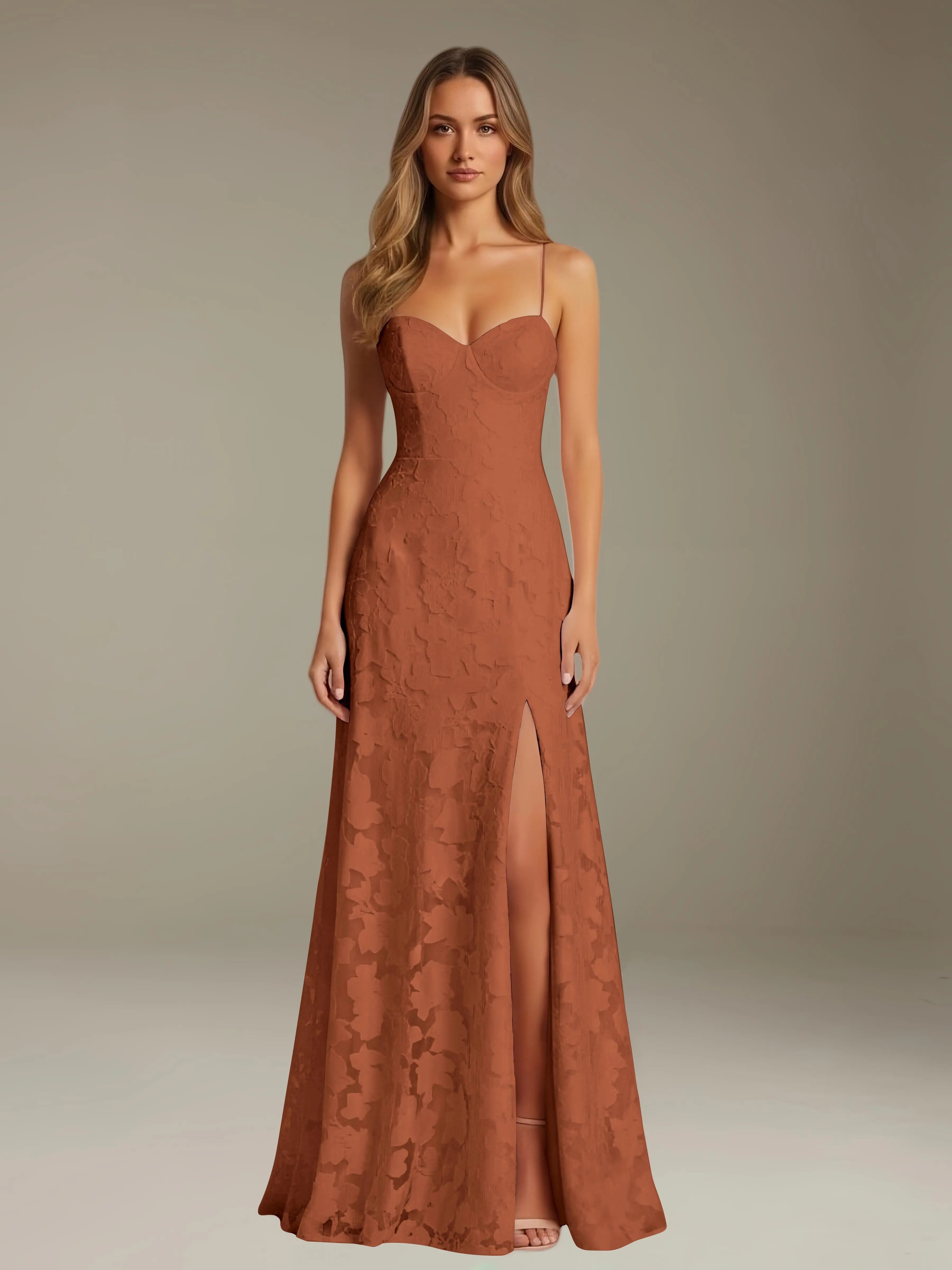 Floral Lace Formal Dress – Sweetheart Spaghetti Strap A-Line Floor Length Dress with Slit oaklynwear