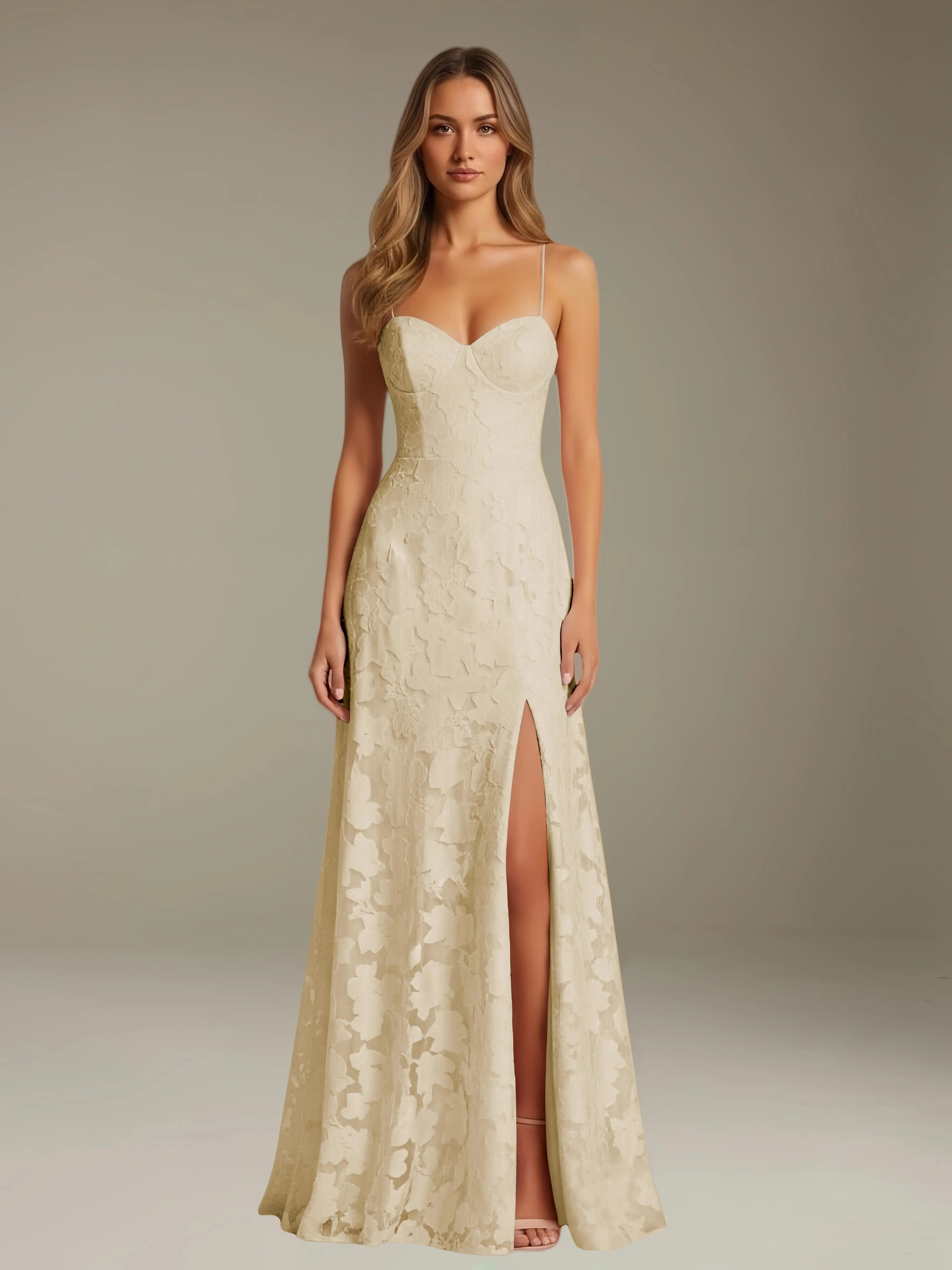 Floral Lace Formal Dress – Sweetheart Spaghetti Strap A-Line Floor Length Dress with Slit oaklynwear