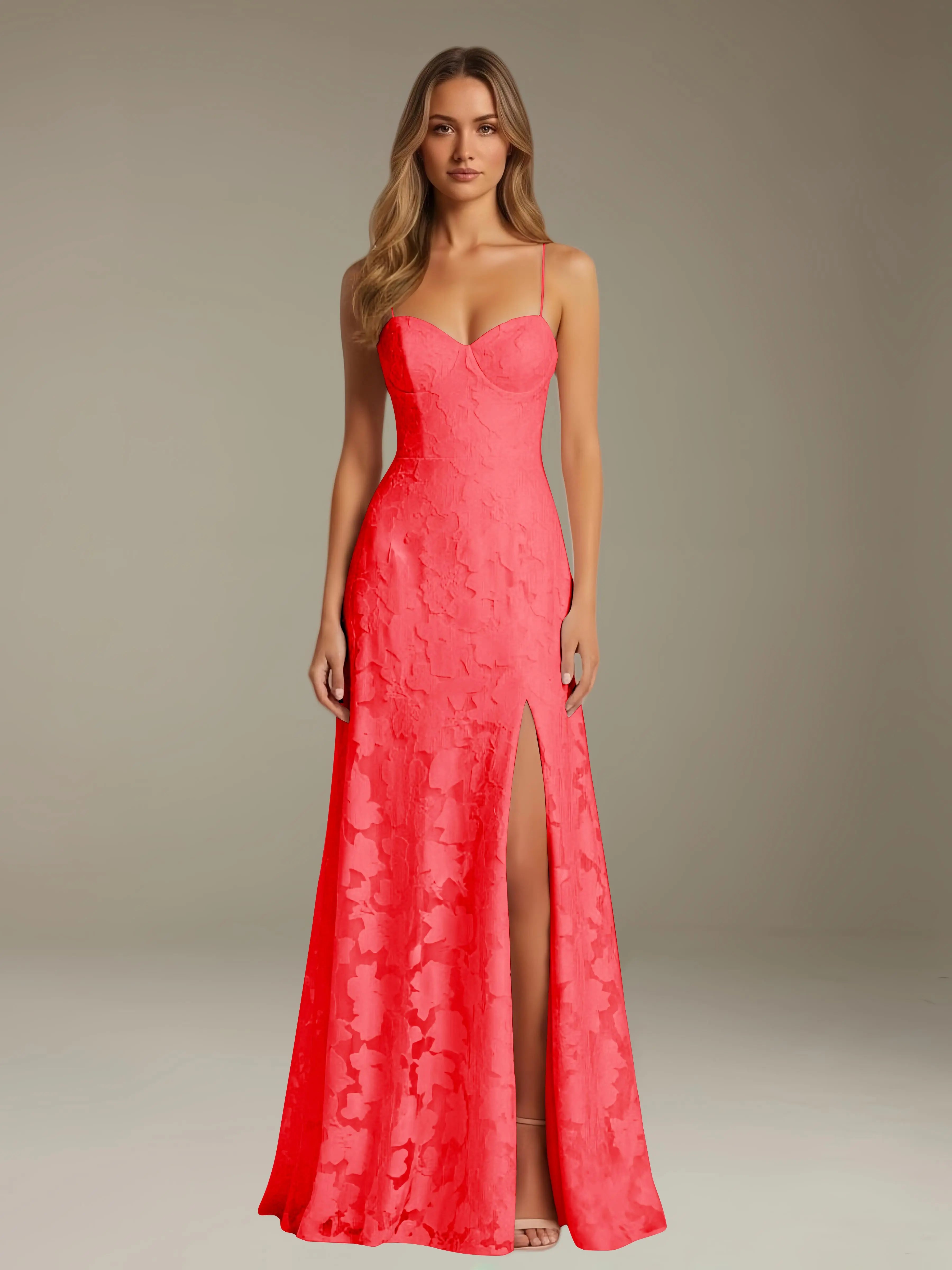 Floral Lace Formal Dress – Sweetheart Spaghetti Strap A-Line Floor Length Dress with Slit oaklynwear