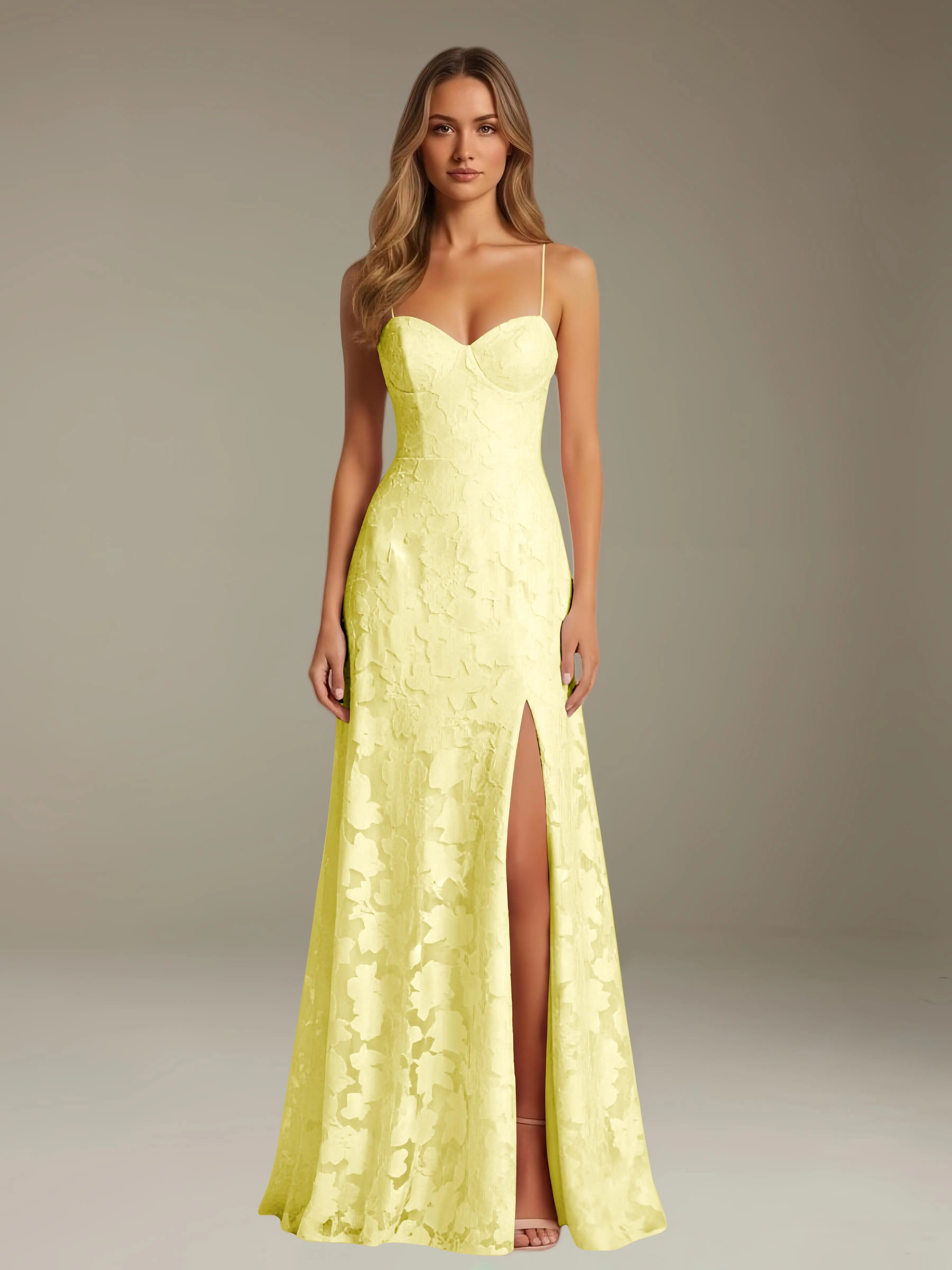 Floral Lace Formal Dress – Sweetheart Spaghetti Strap A-Line Floor Length Dress with Slit oaklynwear