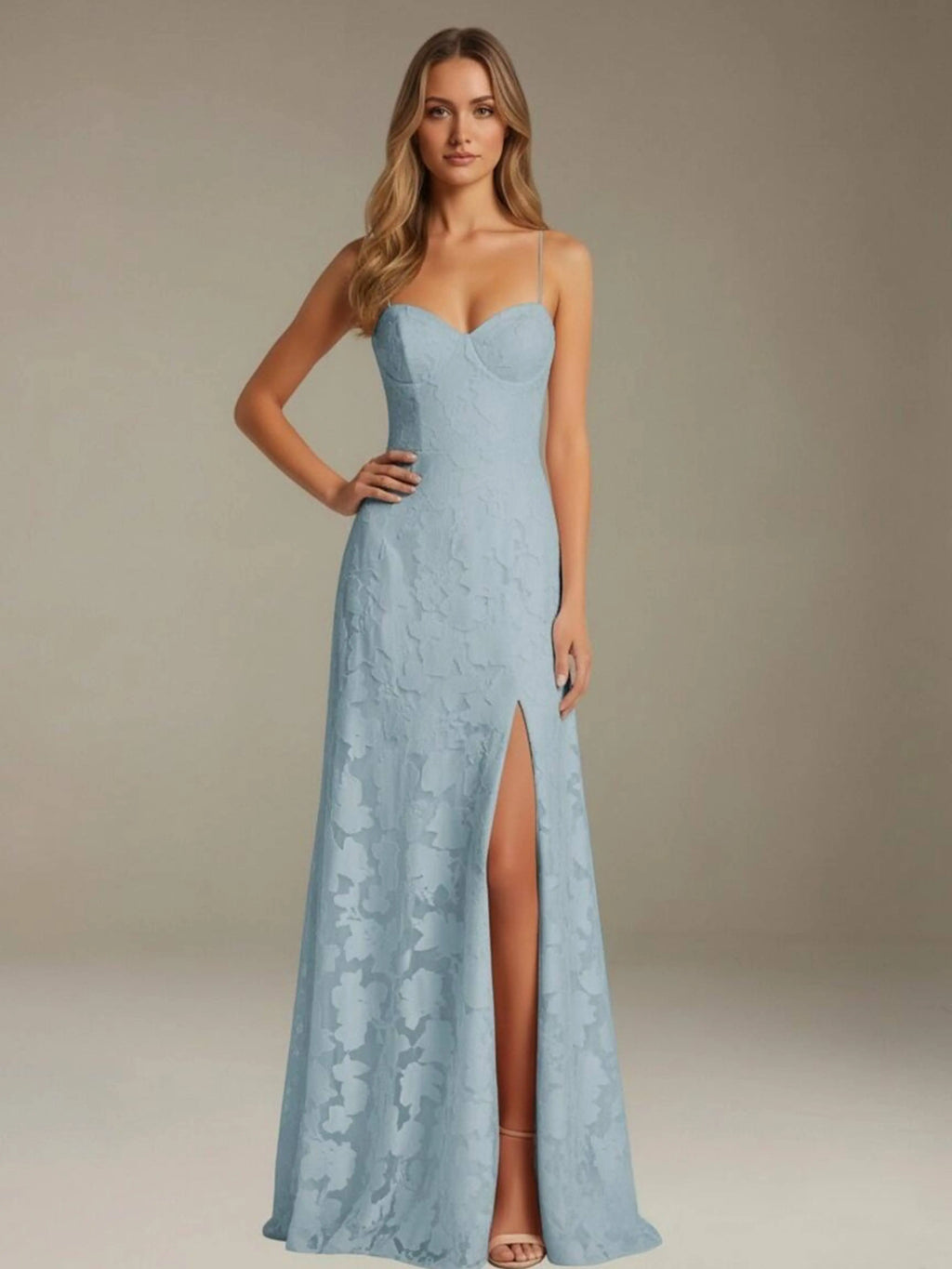 Floral Lace Formal Dress – Sweetheart Spaghetti Strap A-Line Floor Length Dress with Slit oaklynwear