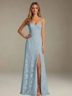 Floral Lace Formal Dress – Sweetheart Spaghetti Strap A-Line Floor Length Dress with Slit oaklynwear