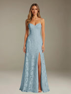 Floral Lace Formal Dress – Sweetheart Spaghetti Strap A-Line Floor Length Dress with Slit oaklynwear