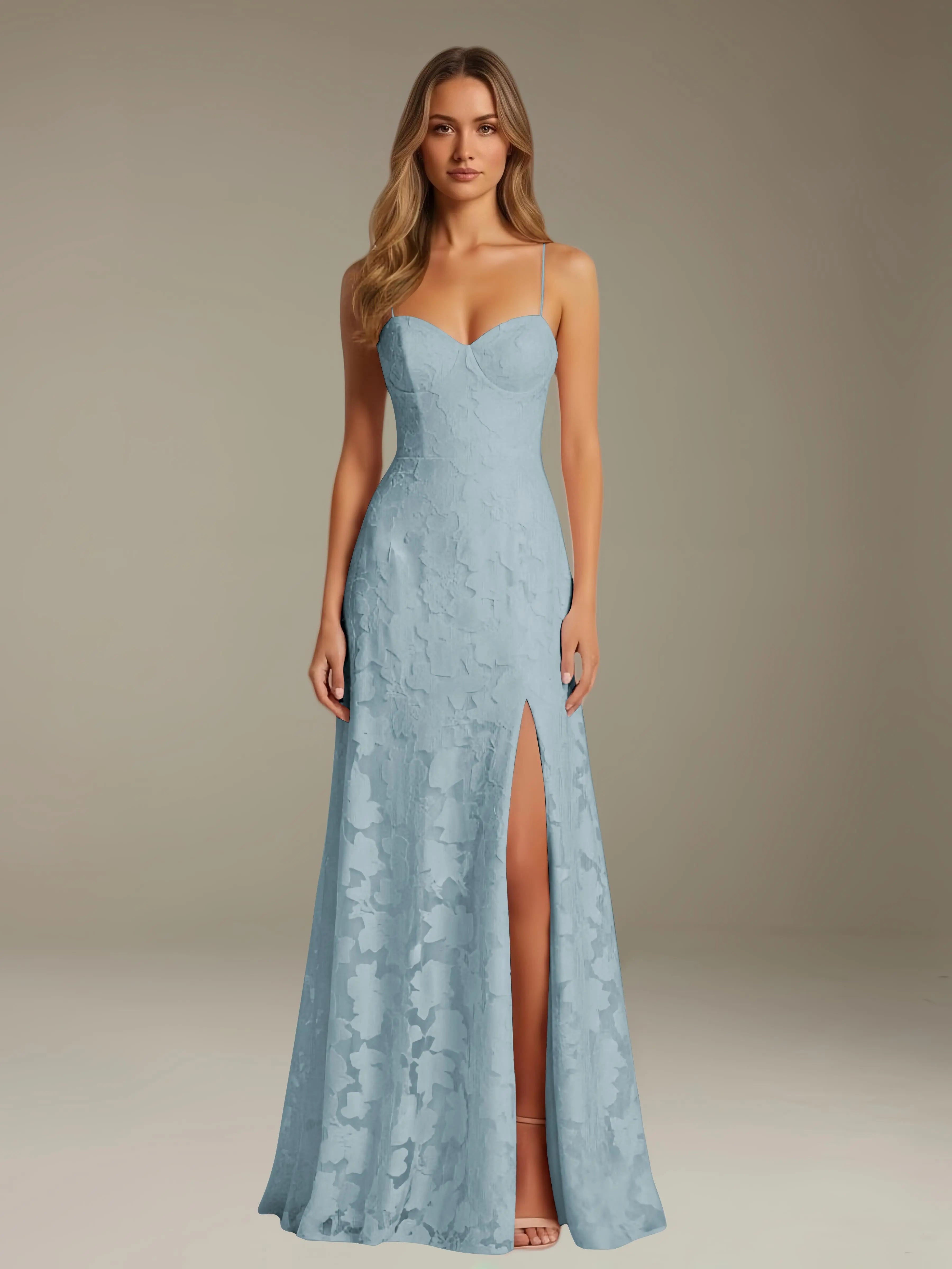 Floral Lace Formal Dress – Sweetheart Spaghetti Strap A-Line Floor Length Dress with Slit oaklynwear