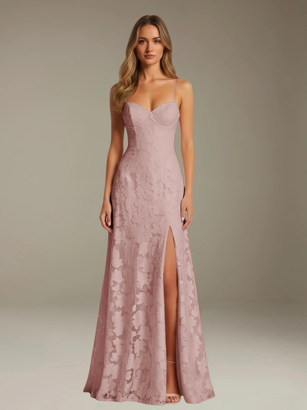 Floral Lace Formal Dress – Sweetheart Spaghetti Strap A-Line Floor Length Dress with Slit oaklynwear
