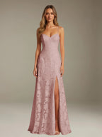 Floral Lace Formal Dress – Sweetheart Spaghetti Strap A-Line Floor Length Dress with Slit oaklynwear