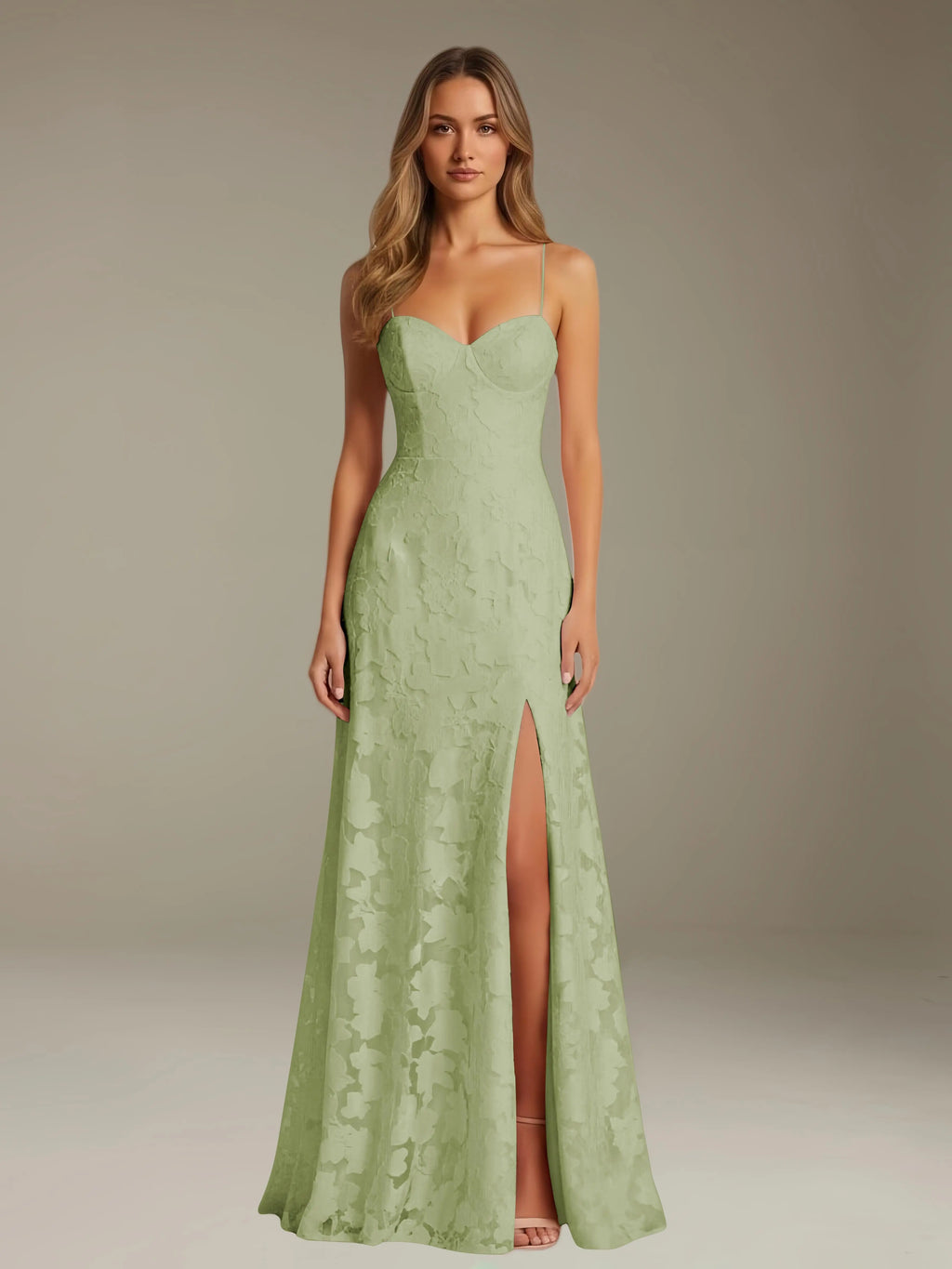 Floral Lace Formal Dress – Sweetheart Spaghetti Strap A-Line Floor Length Dress with Slit oaklynwear