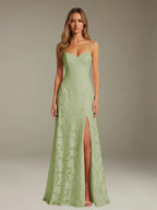 Floral Lace Formal Dress – Sweetheart Spaghetti Strap A-Line Floor Length Dress with Slit oaklynwear