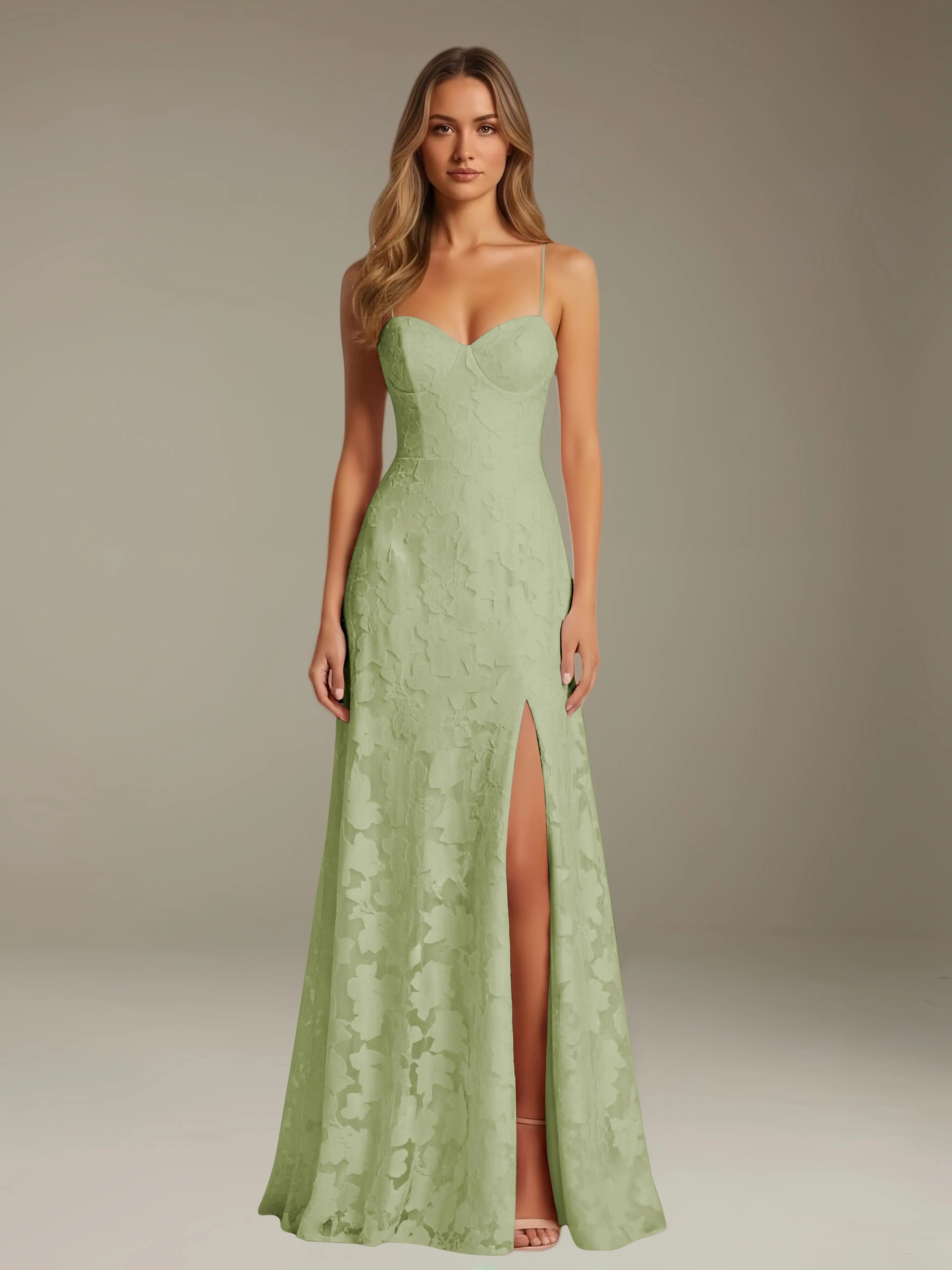Floral Lace Formal Dress – Sweetheart Spaghetti Strap A-Line Floor Length Dress with Slit oaklynwear
